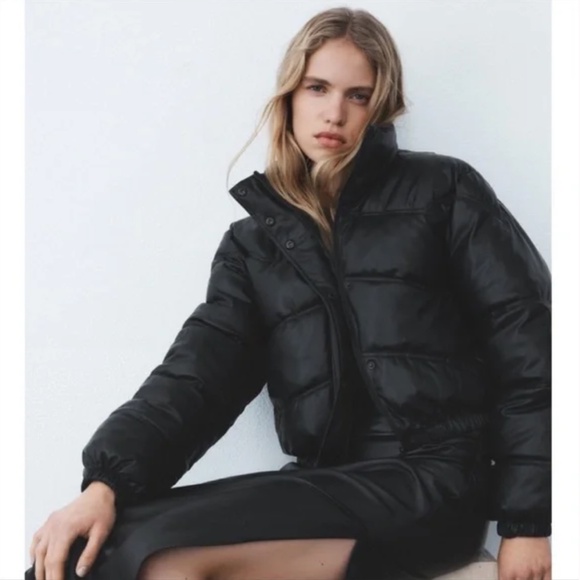 ZARA CROPPED FAUX LEATHER PADDED PUFFER JACKET NWT - Picture 3 of 11